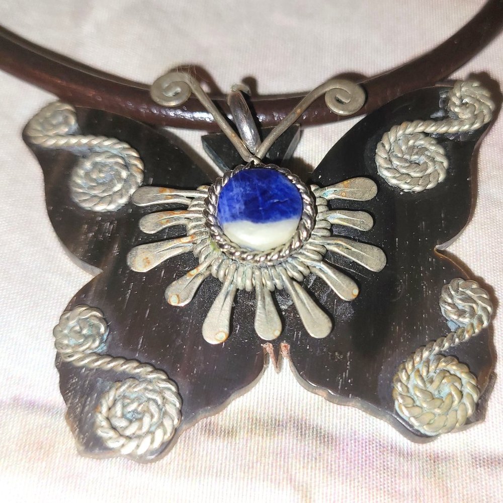 Tribal  Bone Butterfly  w/Intricate Silver Detail & a Sweet Sodalite Sto…